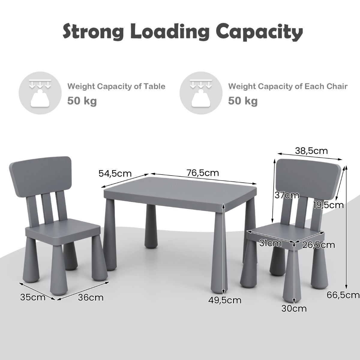LIVSK Kindertafel met 2 Stoelen - Ergonomisch en Veilig - Eenvoudig Schoon te Maken - Voor Kinderen van 1-7 Jaar - Grijs