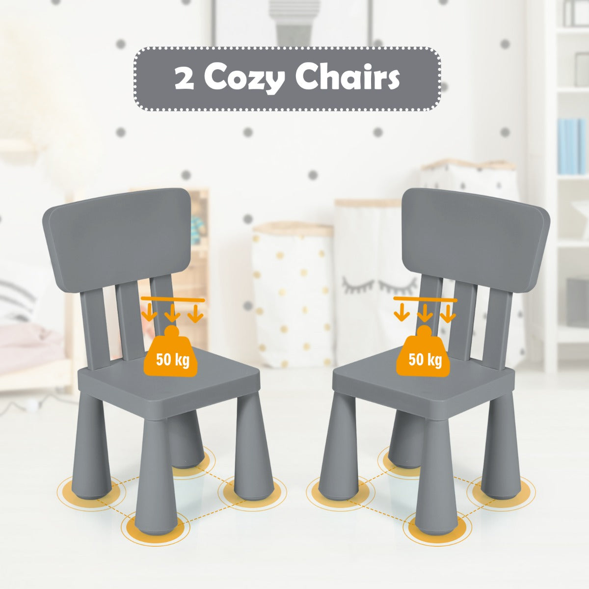 LIVSK Kindertafel met 2 Stoelen - Ergonomisch en Veilig - Eenvoudig Schoon te Maken - Voor Kinderen van 1-7 Jaar - Grijs