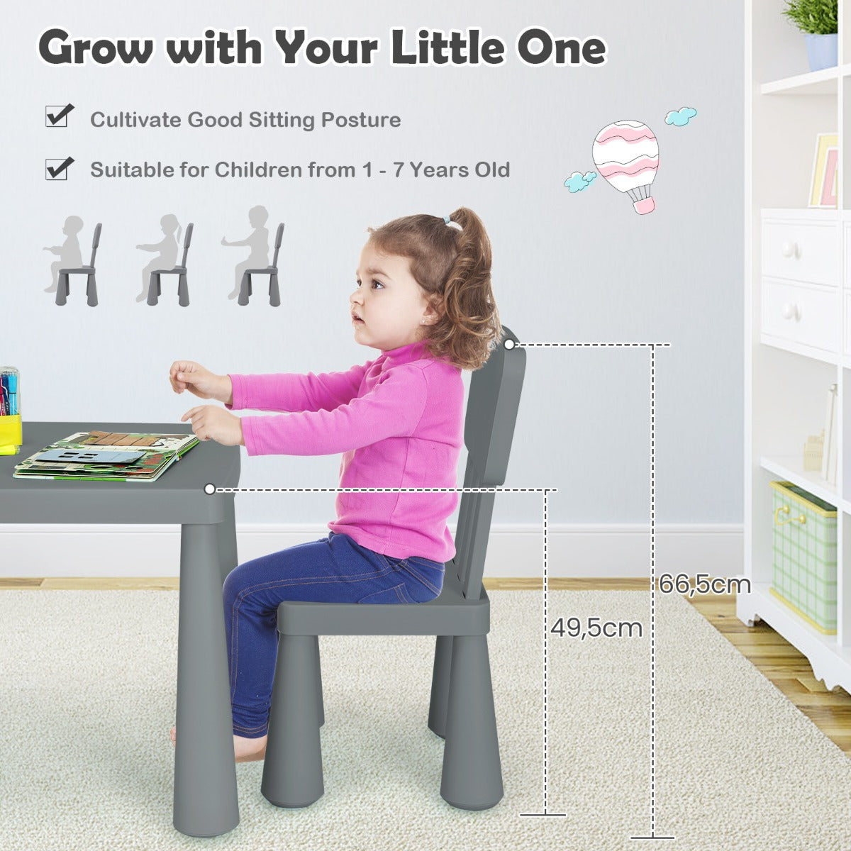 LIVSK Kindertafel met 2 Stoelen - Ergonomisch en Veilig - Eenvoudig Schoon te Maken - Voor Kinderen van 1-7 Jaar - Grijs