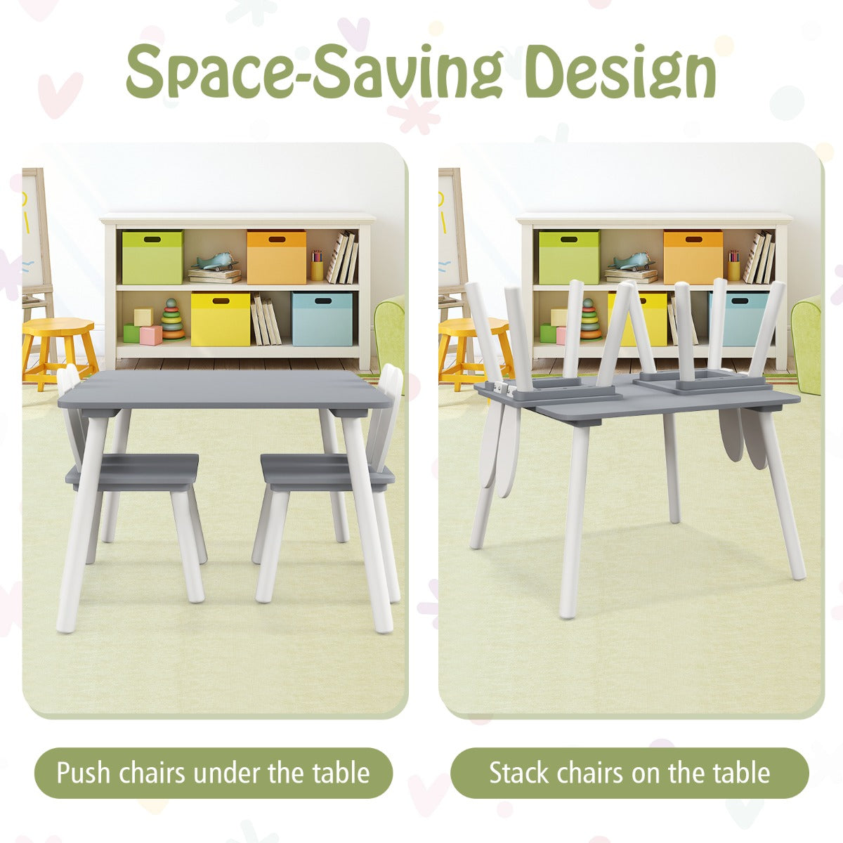 LIVSK Kindertafel en Stoelenset - 2 Schattige Stoelen met Rugleuning - Ruim Tafelblad - Veilig en Ruimtebesparend - Wit