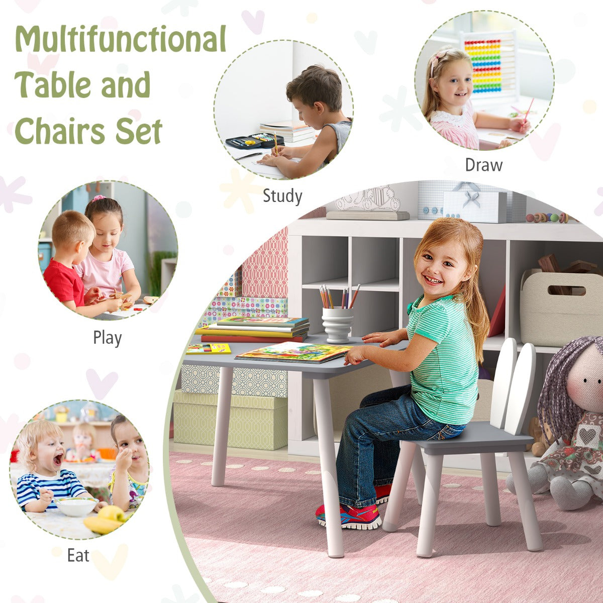 LIVSK Kindertafel en Stoelenset - 2 Schattige Stoelen met Rugleuning - Ruim Tafelblad - Veilig en Ruimtebesparend - Wit