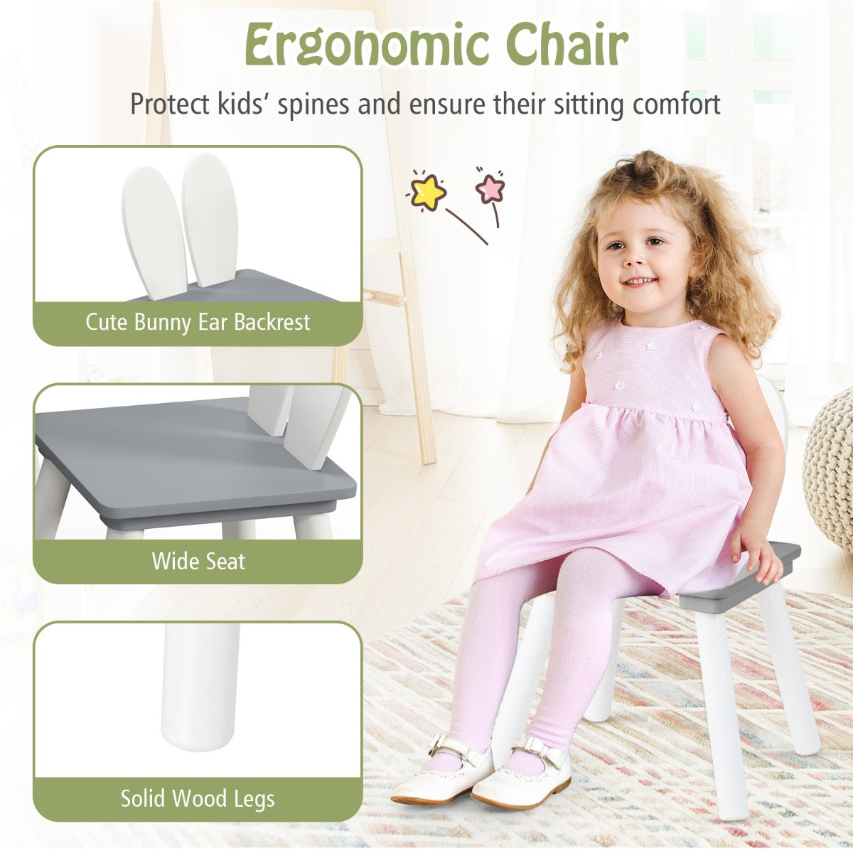 LIVSK Kindertafel en Stoelenset - 2 Schattige Stoelen met Rugleuning - Ruim Tafelblad - Veilig en Ruimtebesparend - Wit