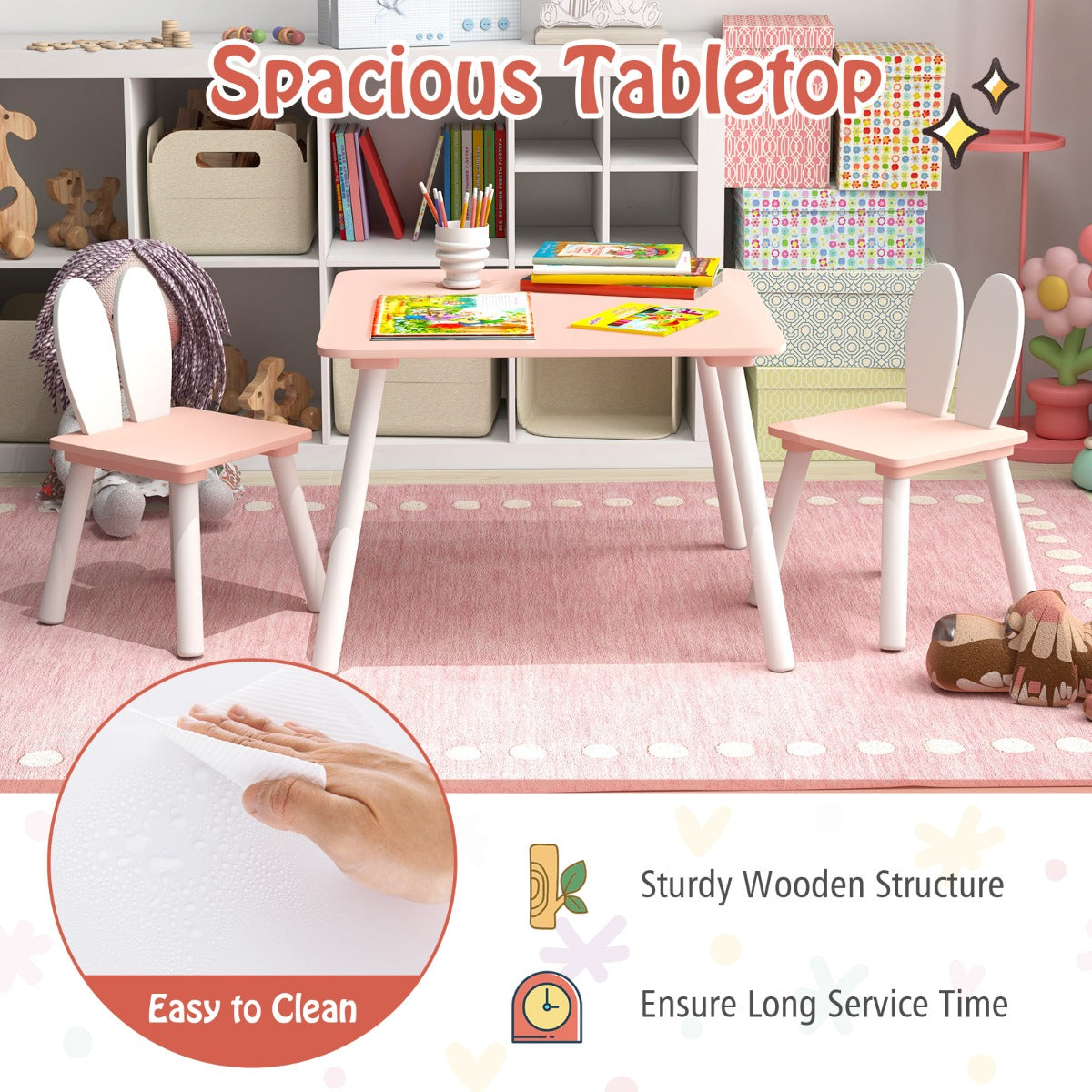 LIVSK Kindertafel en Stoelenset - 2 Schattige Stoelen met Rugleuning - Ruimtebesparend - Veilig en Stevig - Wit