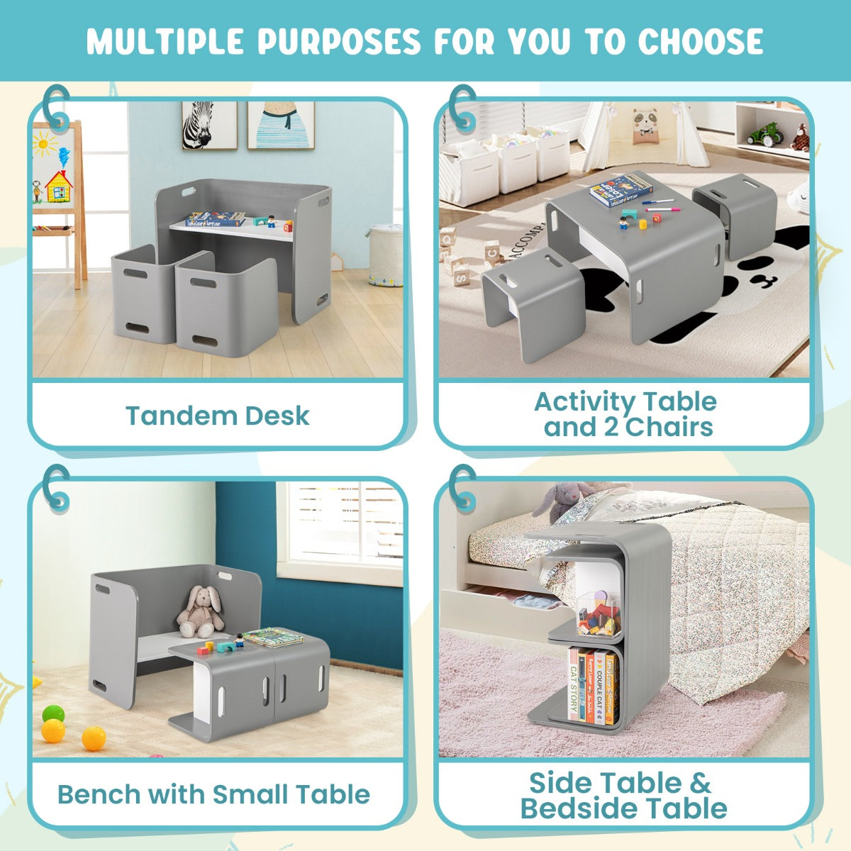 LIVSK Kindertafel en Stoelen Set - Multifunctioneel met Opbergruimte - Ergonomisch - Duurzaam Berkenhout - Voor Kinderen 2-9 Jaar