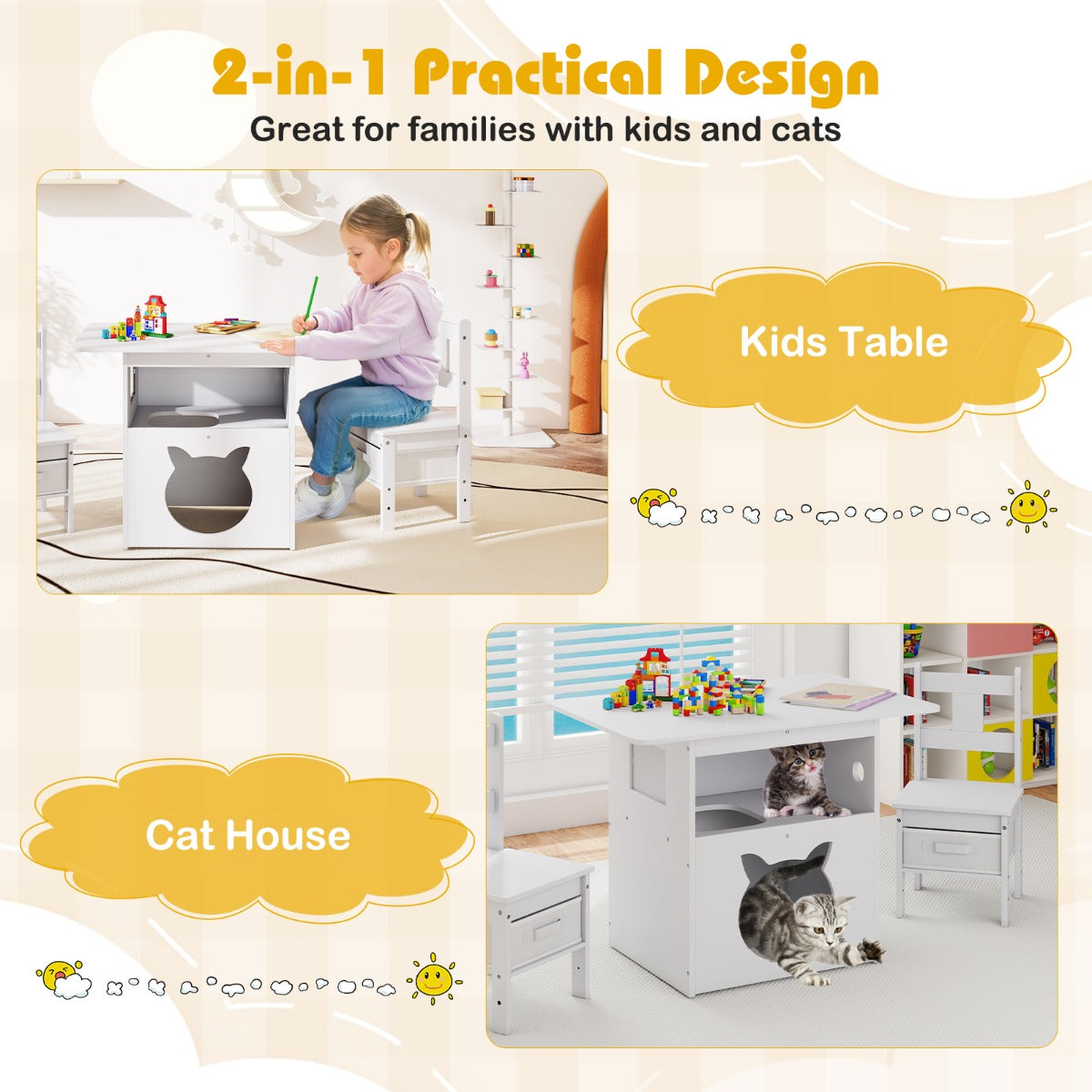Livsk costway 3 delige kindertafelset met 2 stoelen 2 in 1 kinderzitjeset met kattenhuis 3