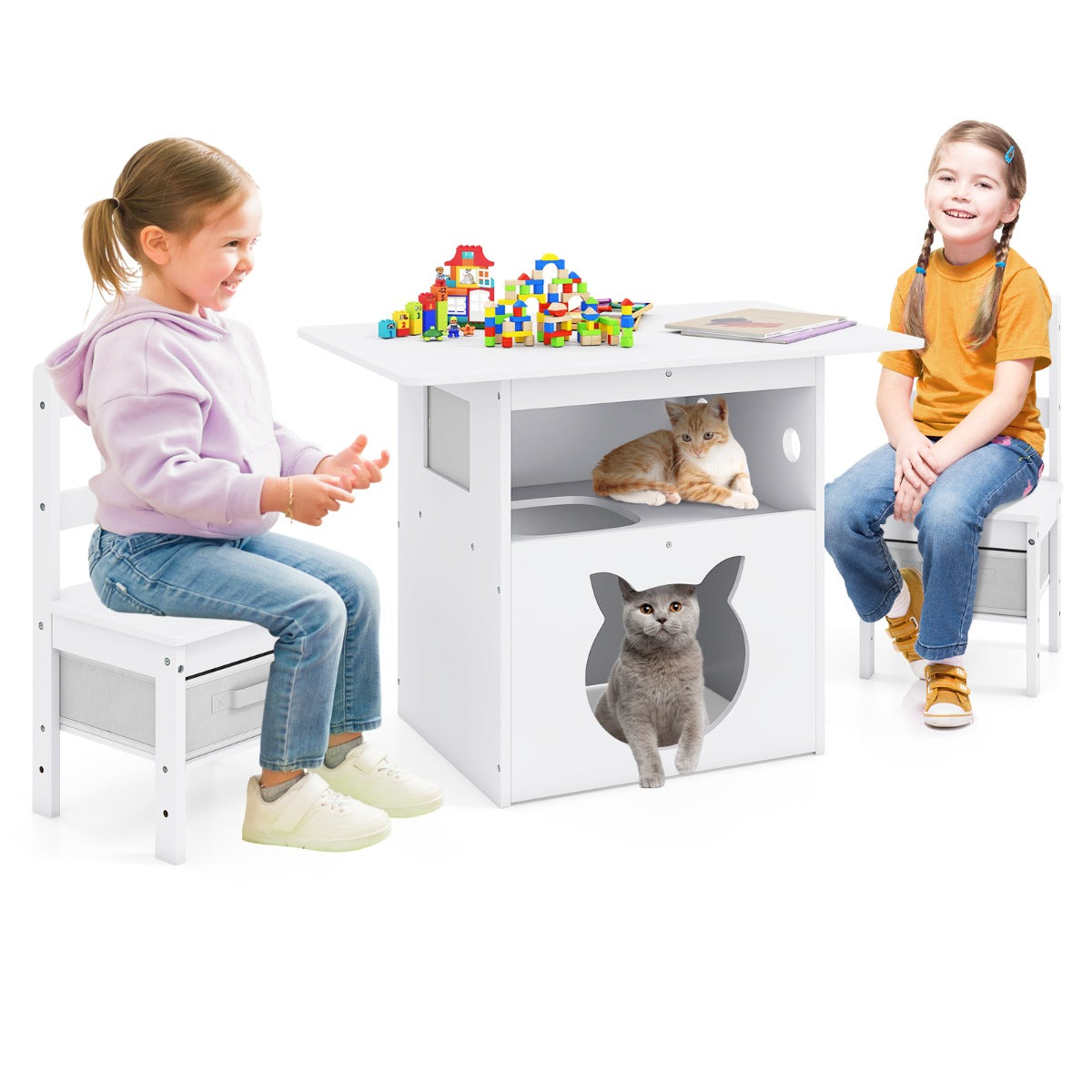 Livsk costway 3 delige kindertafelset met 2 stoelen 2 in 1 kinderzitjeset met kattenhuis 2