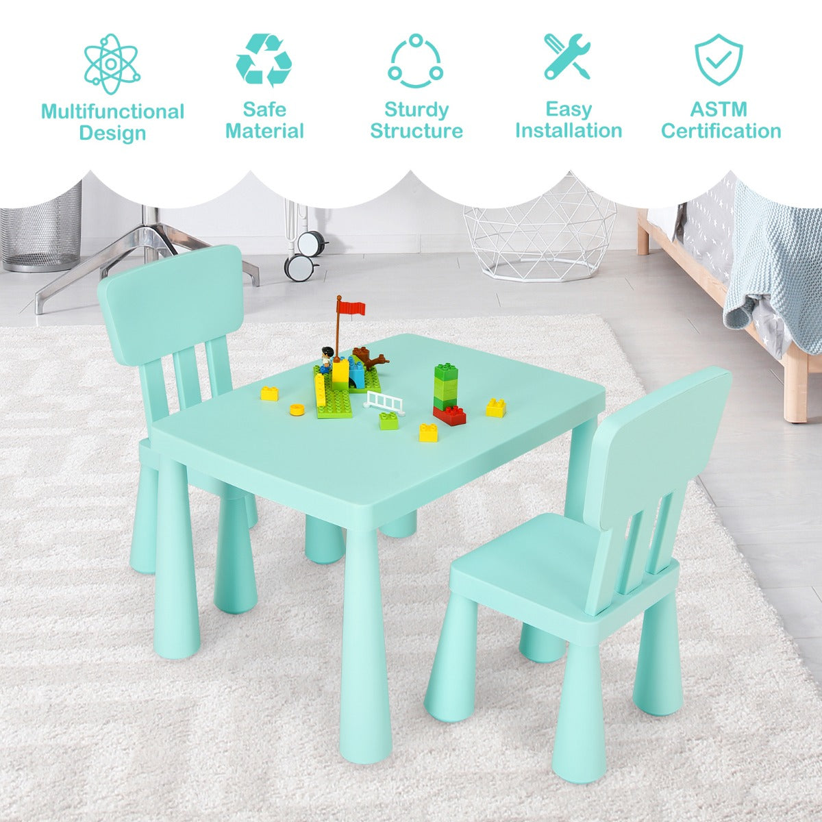 LIVSK Kinderset met Tafel en 2 Stoelen - Ergonomisch en Veilig - Eenvoudig te Monteren - Voor Kinderen van 1-7 Jaar - Groen