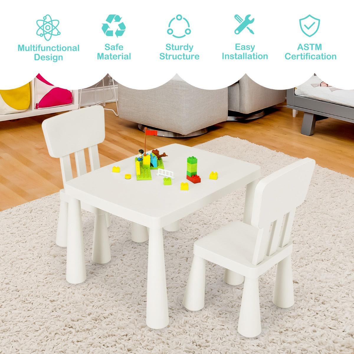 LIVSK Kinderset met Tafel en 2 Stoelen - Ergonomisch en Veilig - Eenvoudig te Monteren - Voor Huiswerk en Creatieve Activiteiten