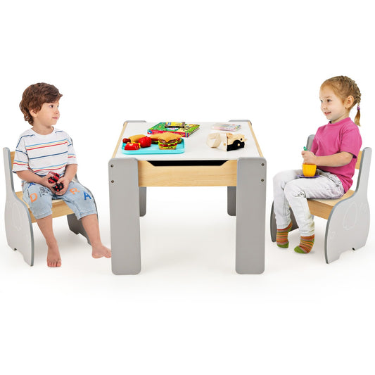 LIVSK Kindertafel- en Stoelset - 4-in-1 met Opbergruimte - Duurzaam Hout - Ergonomisch Ontwerp voor Kinderen 3-6 jaar - Grijs