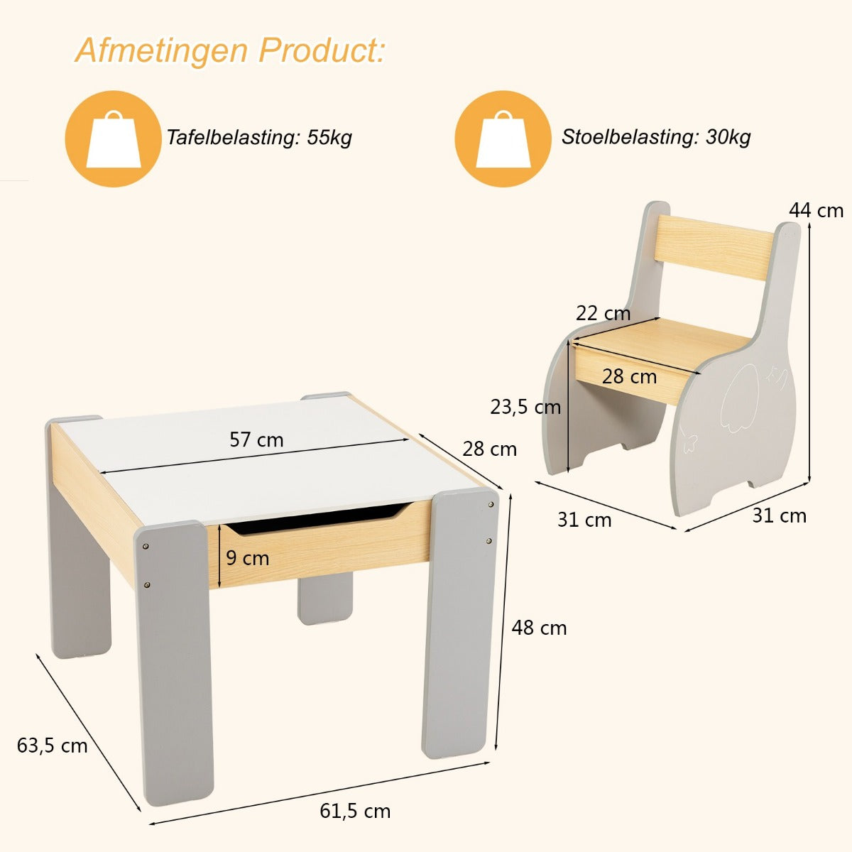 LIVSK Kindertafel- en Stoelset - 4-in-1 met Opbergruimte - Duurzaam Hout - Ergonomisch Ontwerp voor Kinderen 3-6 jaar - Grijs