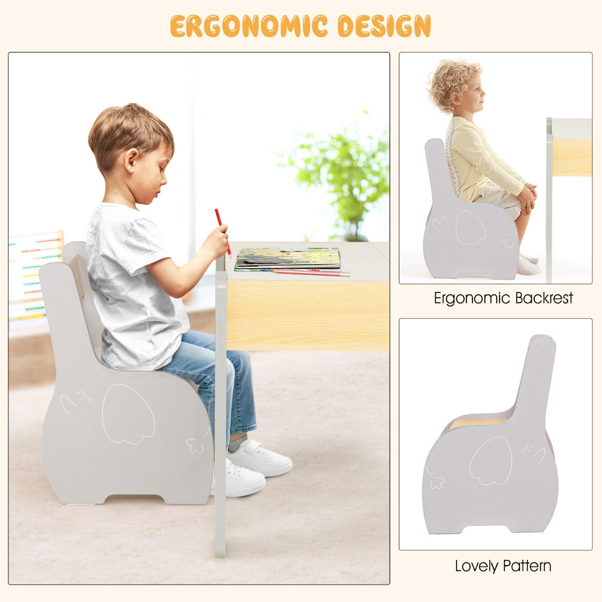 LIVSK Kindertafel- en Stoelset - 4-in-1 met Opbergruimte - Duurzaam Hout - Ergonomisch Ontwerp voor Kinderen 3-6 jaar - Grijs