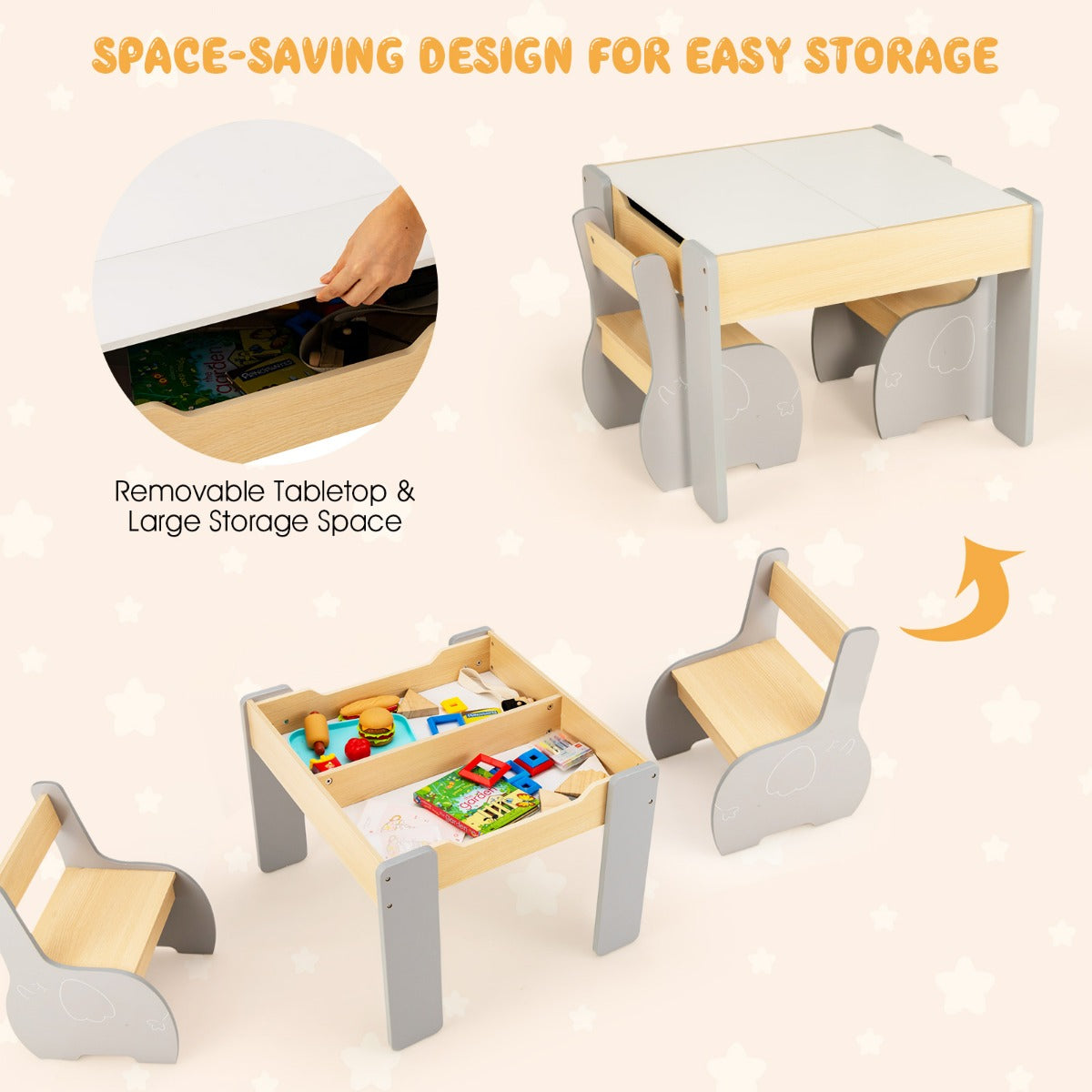 LIVSK Kindertafel- en Stoelset - 4-in-1 met Opbergruimte - Duurzaam Hout - Ergonomisch Ontwerp voor Kinderen 3-6 jaar - Grijs