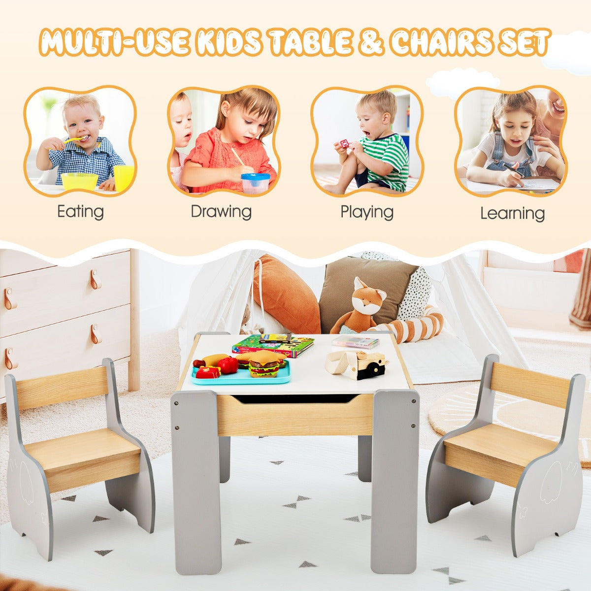 LIVSK Kindertafel- en Stoelset - 4-in-1 met Opbergruimte - Duurzaam Hout - Ergonomisch Ontwerp voor Kinderen 3-6 jaar - Grijs