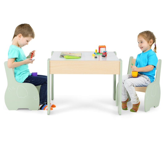 LIVSK 4-in-1 Kindertafel en Stoelset - Verborgen Opbergruimte - Houten Constructie - Voor Kinderen 3-6 Jaar - Groen