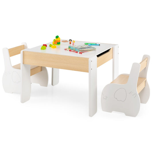 LIVSK Kindermeubelset - 4-in-1 Tafel met Opbergruimte en 2 Stoelen - Veilig en Duurzaam - Voor Kinderen 3-6 Jaar - Wit + Grijs