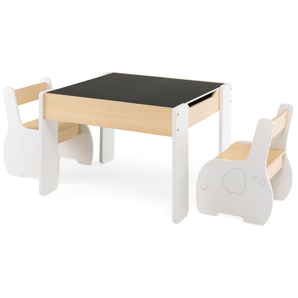 LIVSK Kindermeubelset - 4-in-1 Tafel met Opbergruimte en 2 Stoelen - Veilig en Duurzaam - Voor Kinderen 3-6 Jaar - Wit + Grijs