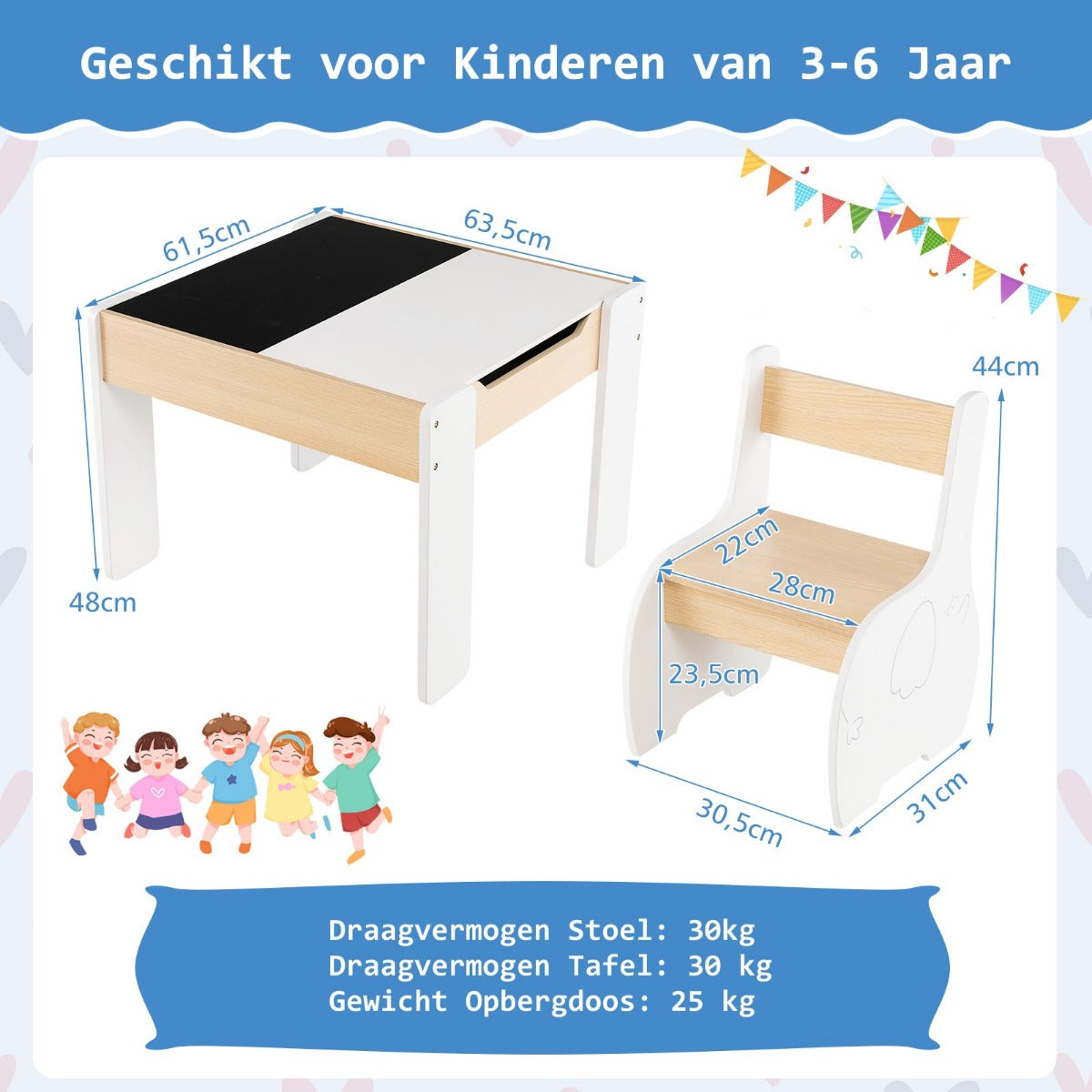 LIVSK Kindermeubelset - 4-in-1 Tafel met Opbergruimte en 2 Stoelen - Veilig en Duurzaam - Voor Kinderen 3-6 Jaar - Wit + Grijs