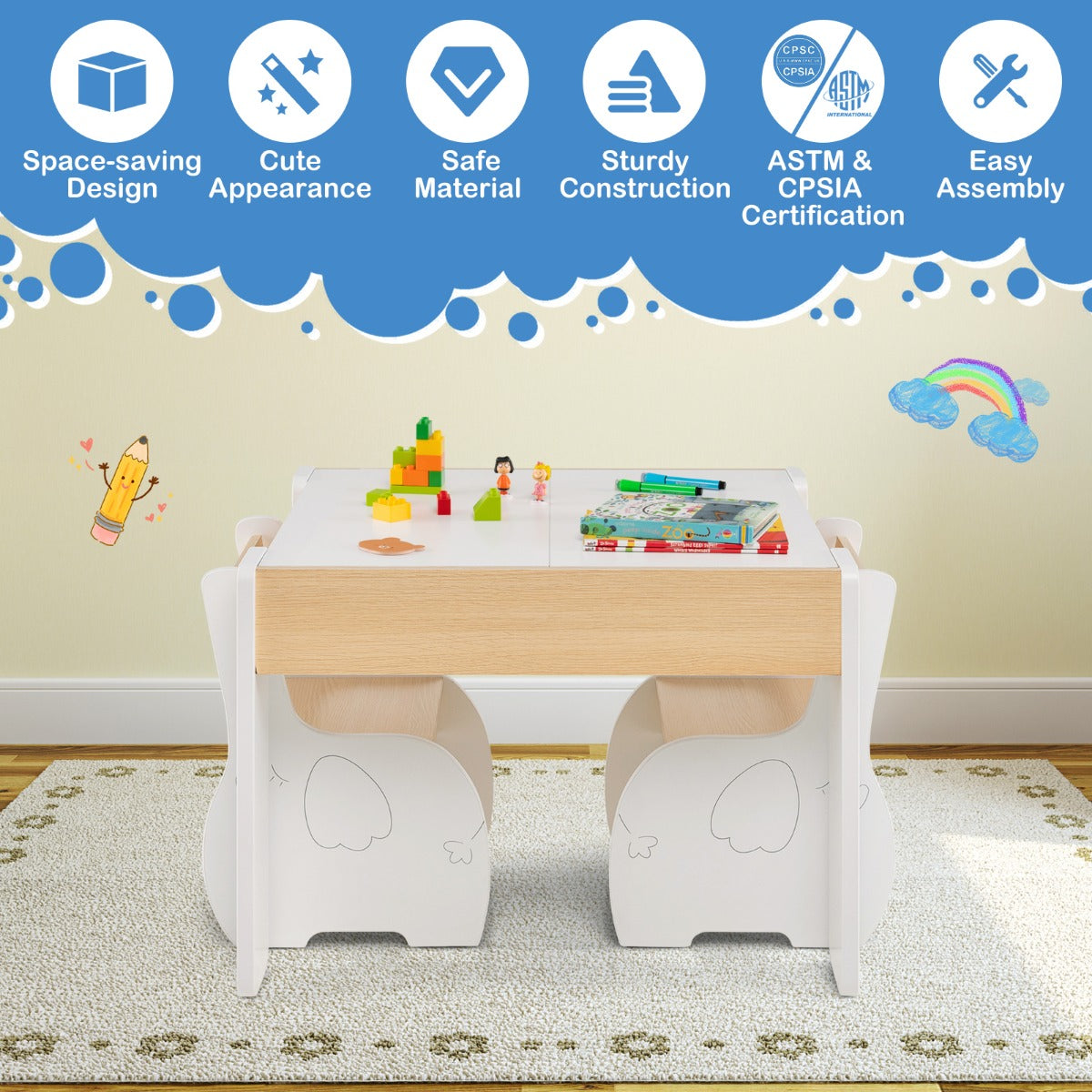 LIVSK Kindermeubelset - 4-in-1 Tafel met Opbergruimte en 2 Stoelen - Veilig en Duurzaam - Voor Kinderen 3-6 Jaar - Wit + Grijs