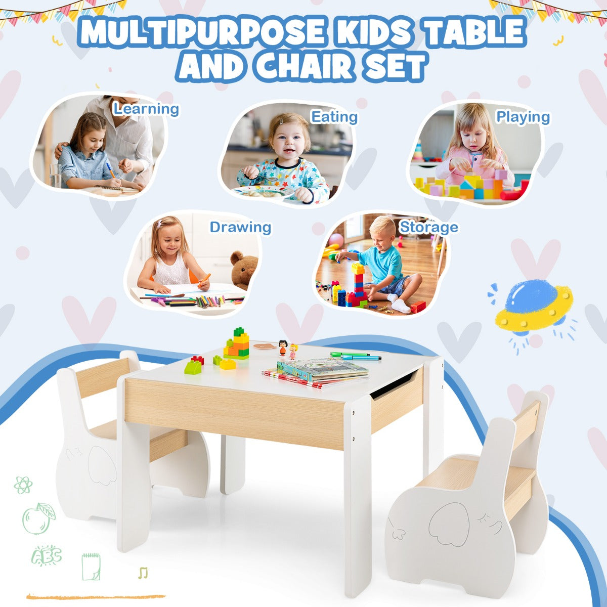 LIVSK Kindermeubelset - 4-in-1 Tafel met Opbergruimte en 2 Stoelen - Veilig en Duurzaam - Voor Kinderen 3-6 Jaar - Wit + Grijs