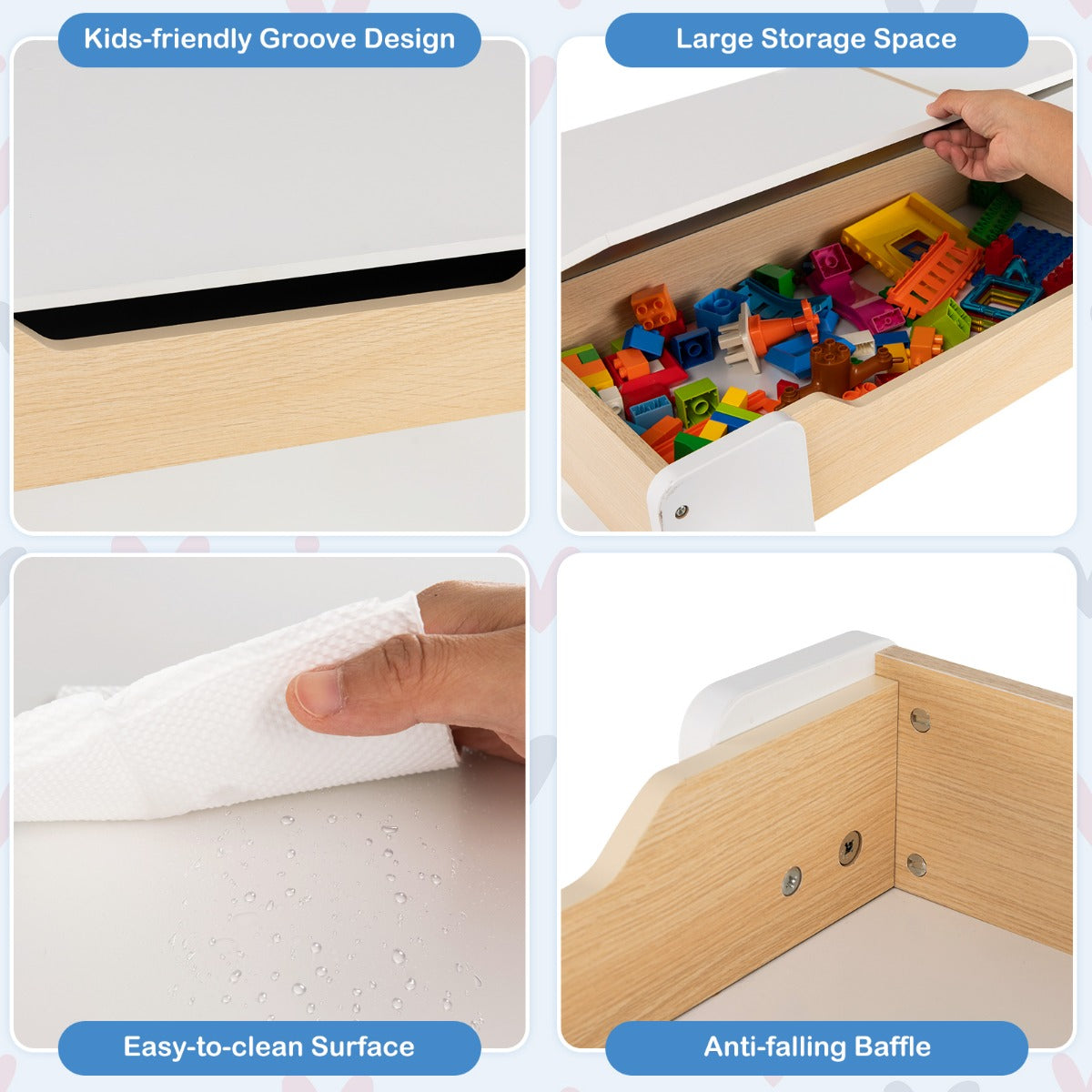 LIVSK Kindermeubelset - 4-in-1 Tafel met Opbergruimte en 2 Stoelen - Veilig en Duurzaam - Voor Kinderen 3-6 Jaar - Wit + Grijs