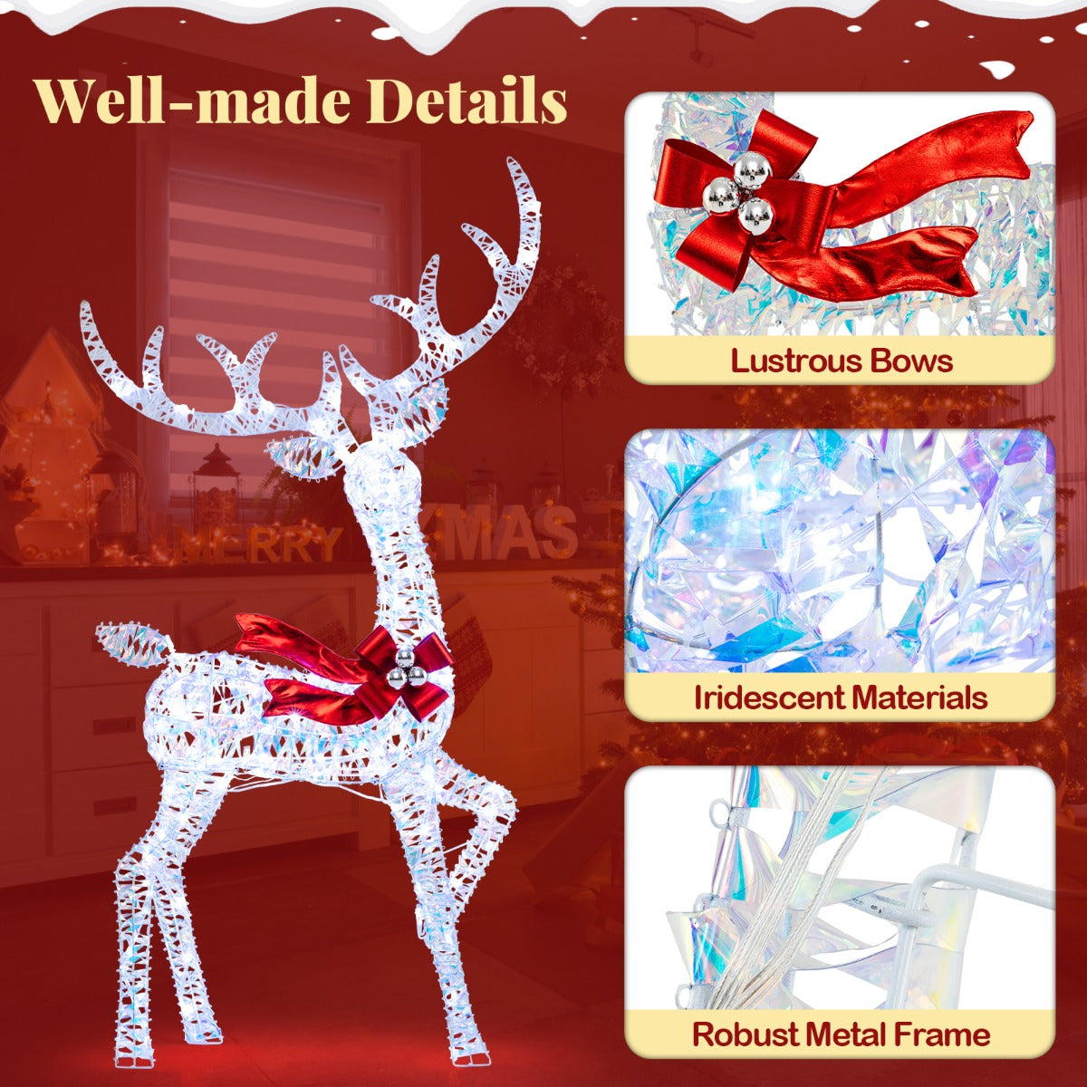 LIVSK 3-delige Kerst-renpaard-set - 215 Koudwitte LED-lampen - Weerbestendig - Magische uitstraling - Hert, Hindin, Kalf - Zoals