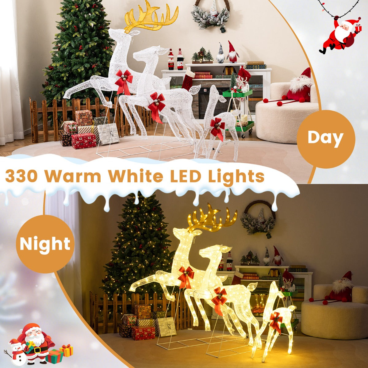 Livsk costway 3 delige led rendier familie met 330 warmwitte lichten strikken xxl verlichte kerstdecoratie 3