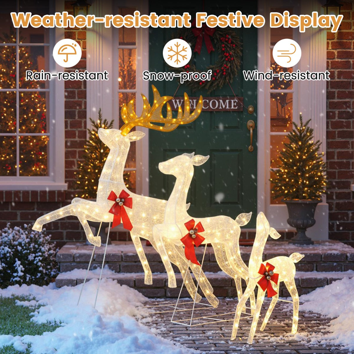 Livsk costway 3 delige led rendier familie met 330 warmwitte lichten strikken xxl verlichte kerstdecoratie 4