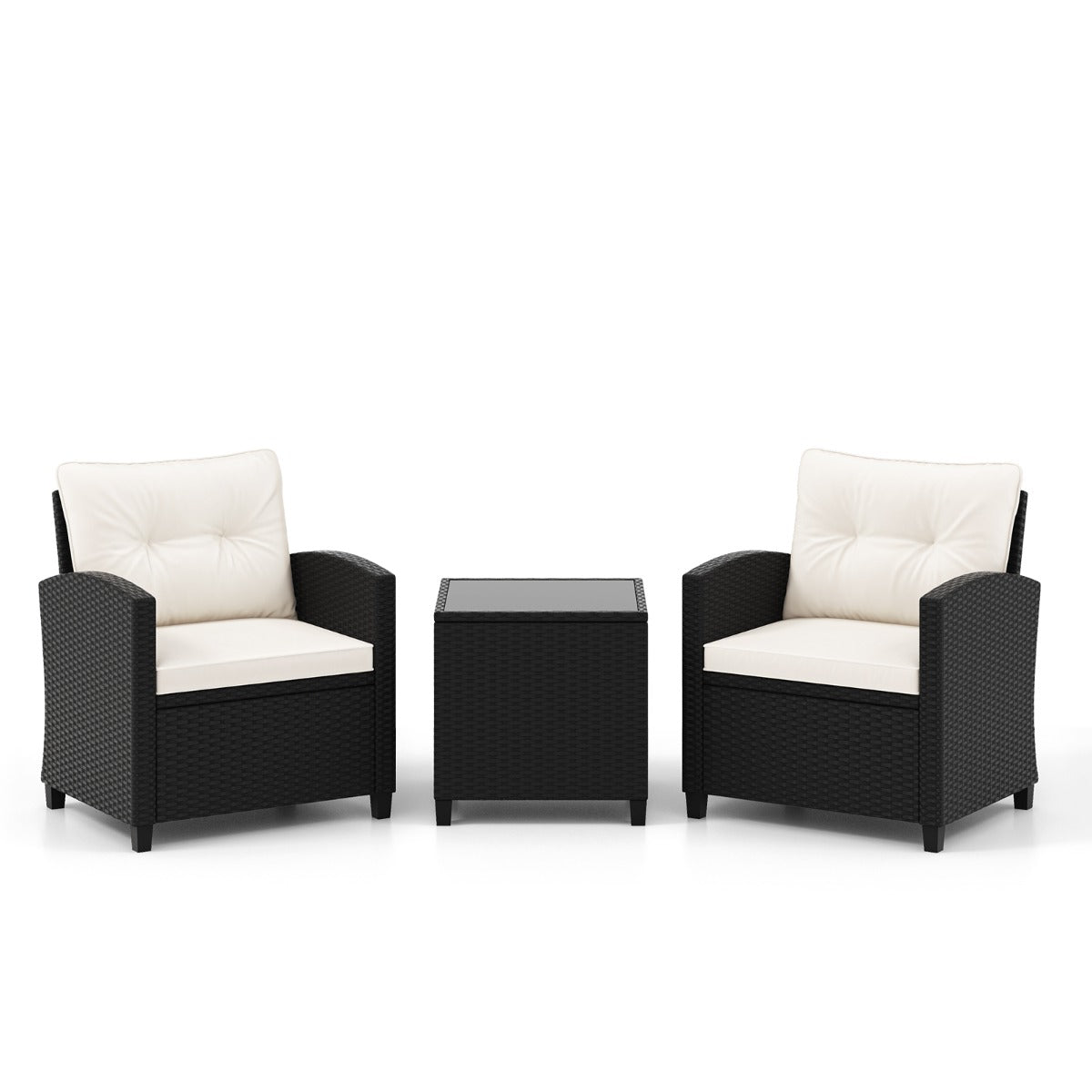 LIVSK 3-delige Loungeset van Rotan - Comfortabele Zit- en Rugkussens - Afneembare Hoezen - Bijzettafel met Glazen Blad - Zwart