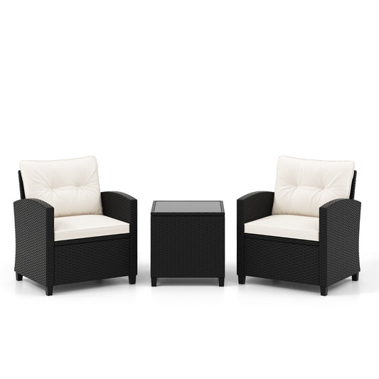 LIVSK 3-delige Loungeset van Rotan - Comfortabele Zit- en Rugkussens - Afneembare Hoezen - Bijzettafel met Glazen Blad - Zwart