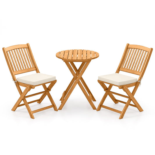 LIVSK 3-delige Opklapbare Bistroset - Ergonomisch Design - Inclusief Kussens - Duurzaam Acaciahout - Tot 180 kg - Natuurlijk hout