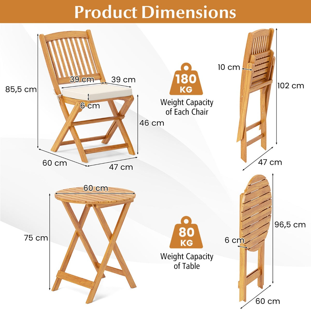 LIVSK 3-delige Opklapbare Bistroset - Ergonomisch Design - Inclusief Kussens - Duurzaam Acaciahout - Tot 180 kg - Natuurlijk hout