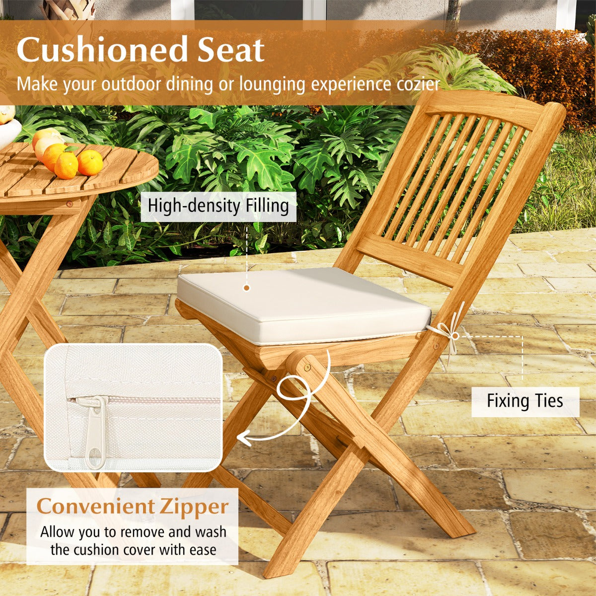 LIVSK 3-delige Opklapbare Bistroset - Ergonomisch Design - Inclusief Kussens - Duurzaam Acaciahout - Tot 180 kg - Natuurlijk hout