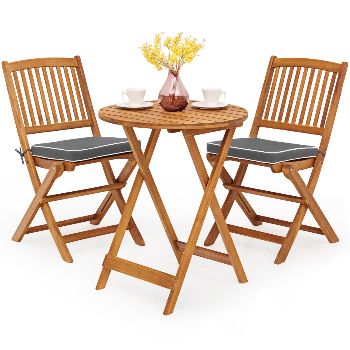 LIVSK 3-delige Opklapbare Bistroset - Ergonomisch Design - Inclusief Zachte Kussens - Duurzaam Acaciahout - Natuurlijk met Grijze
