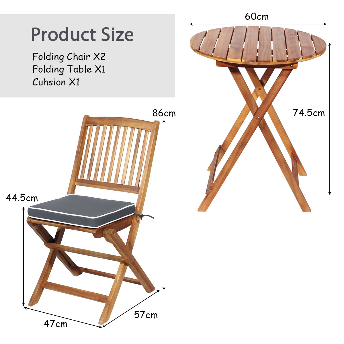 LIVSK 3-delige Opklapbare Bistroset - Ergonomisch Design - Inclusief Zachte Kussens - Duurzaam Acaciahout - Natuurlijk met Grijze