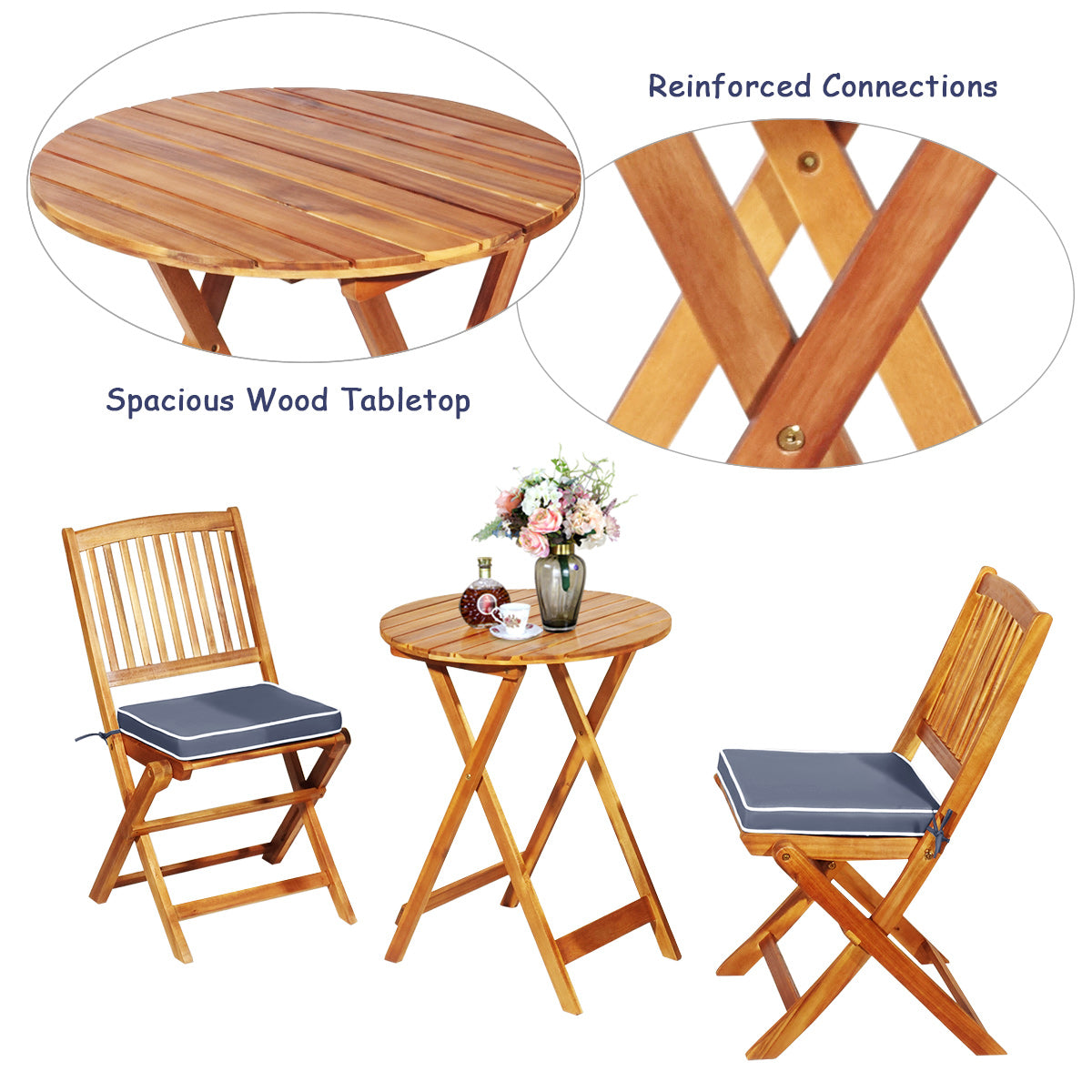 LIVSK 3-delige Opklapbare Bistroset - Ergonomisch Design - Inclusief Zachte Kussens - Duurzaam Acaciahout - Natuurlijk met Grijze