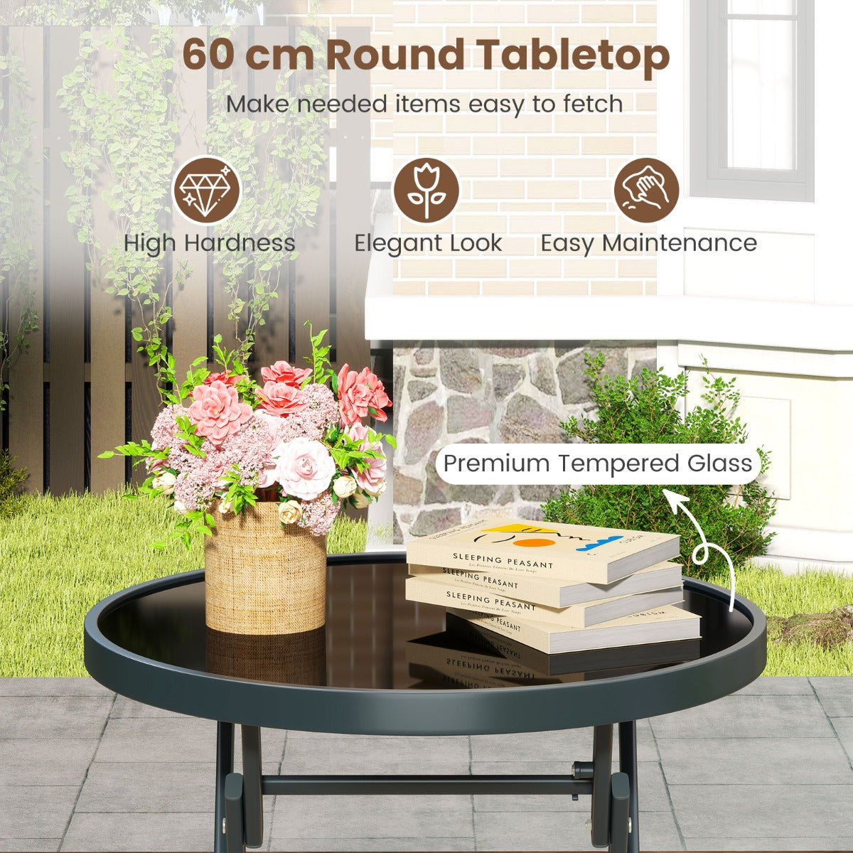 Livsk costway 3 delige opvouwbare bistroset tuinset met ademende stoffen zitting en gehard glazen tafelblad tuinmeubelset 3