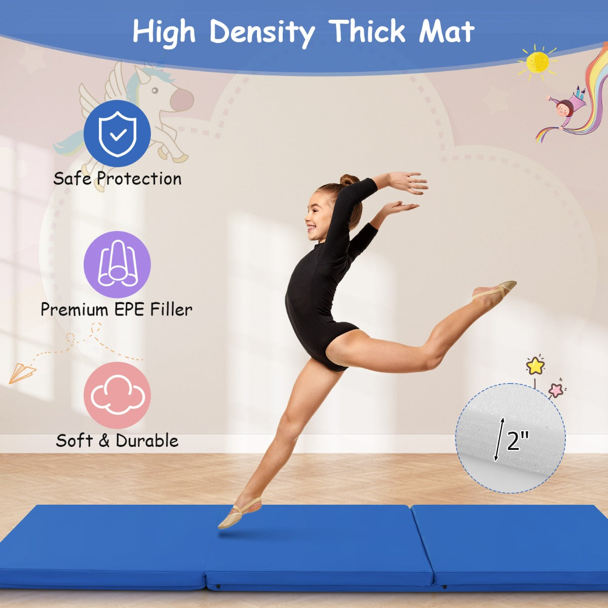 LIVSK Fitnessmat - Lichtgewicht en Opvouwbaar - Ergonomisch Ontwerp - Waterdicht - Voor Yoga en Oefeningen - 180 x 60 x 5 cm -