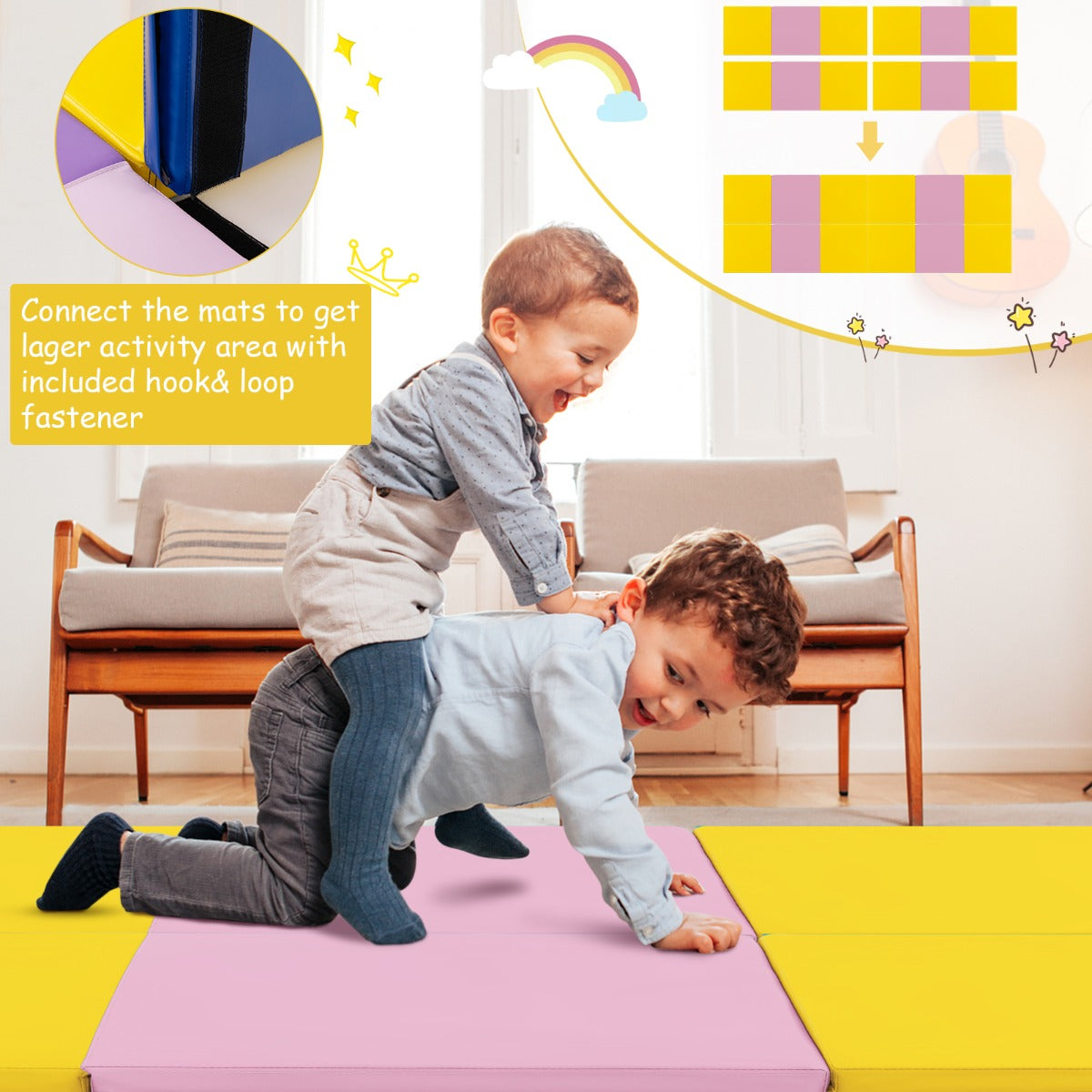 LIVSK Opvouwbare Oefenmat - Lichtgewicht en Draagbaar - Ergonomisch Ontwerp - Klittenband - 180 x 60 x 5 cm - Geel & Roze