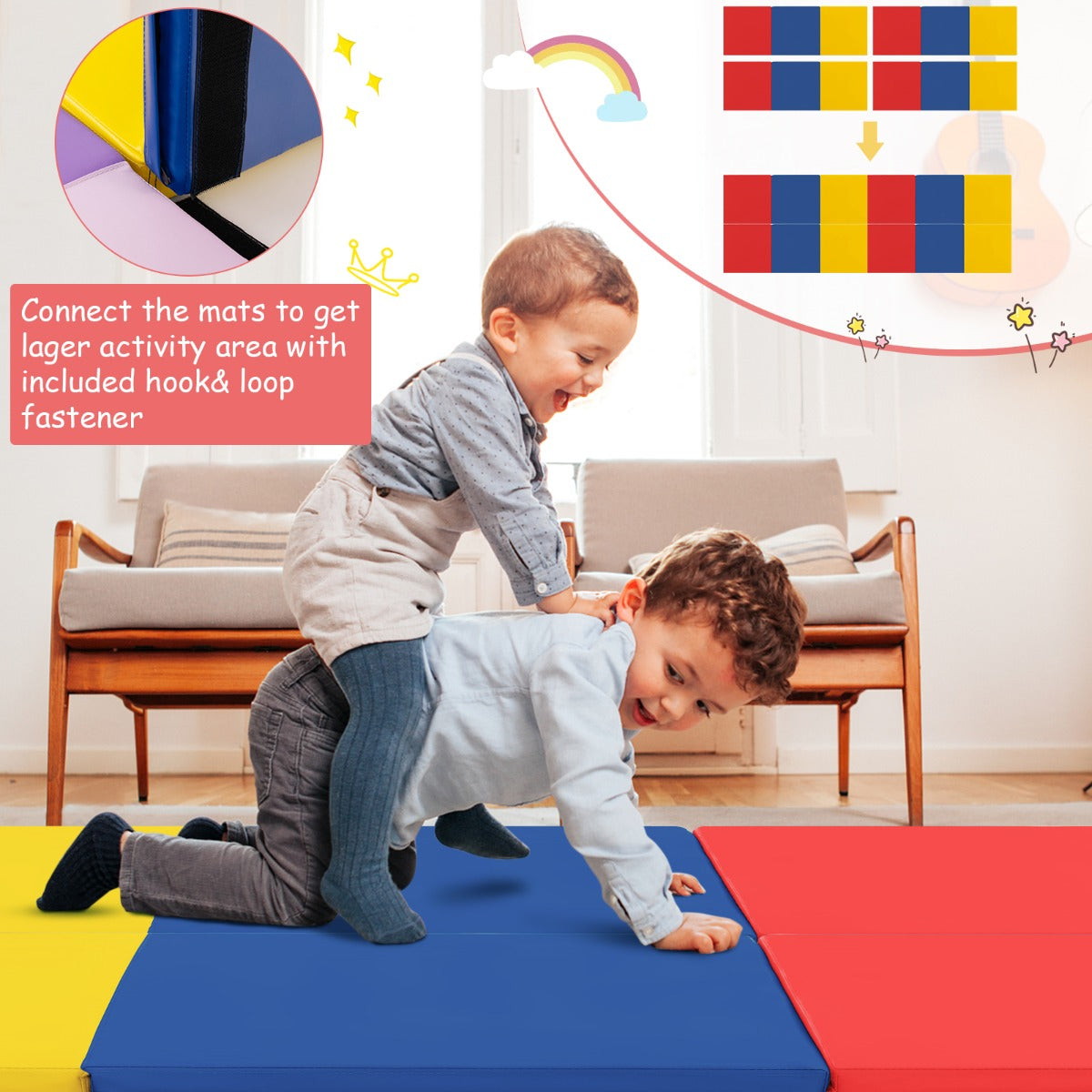 LIVSK Opvouwbare Oefenmat - Lichtgewicht - Handgrepen - Waterdicht - 180 x 60 x 5 cm - Geel + Blauw + Rood