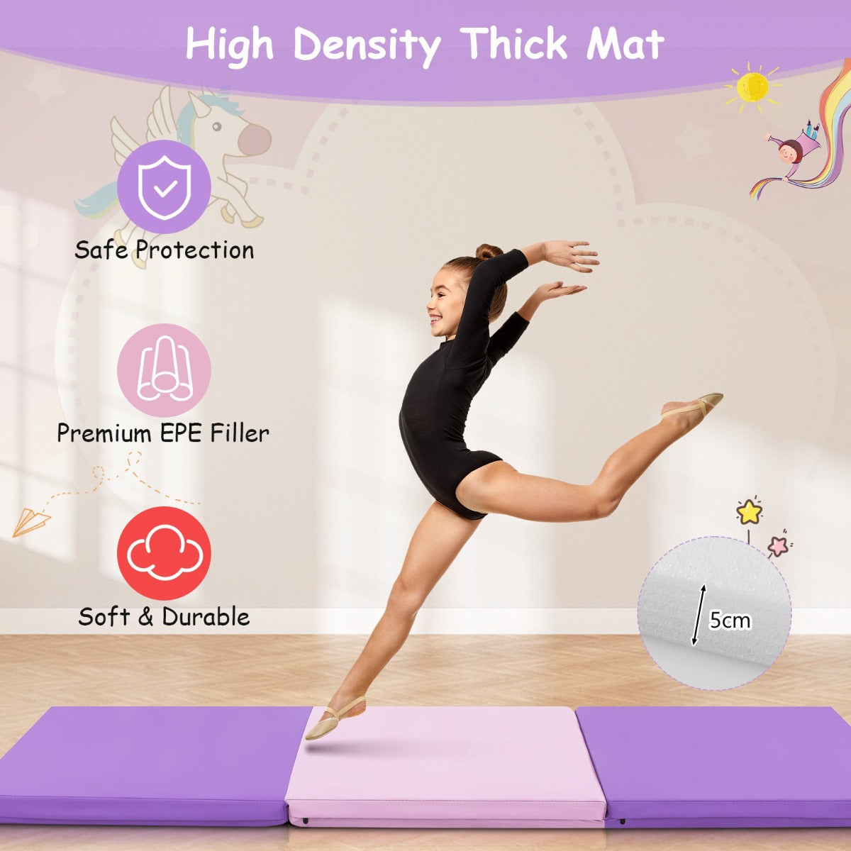 LIVSK Opvouwbare Oefenmat - Ergonomisch en Draagbaar - Ideaal voor Yoga en Pilates - Waterdicht - 180 x 60 x 5 cm - Paars + Roze