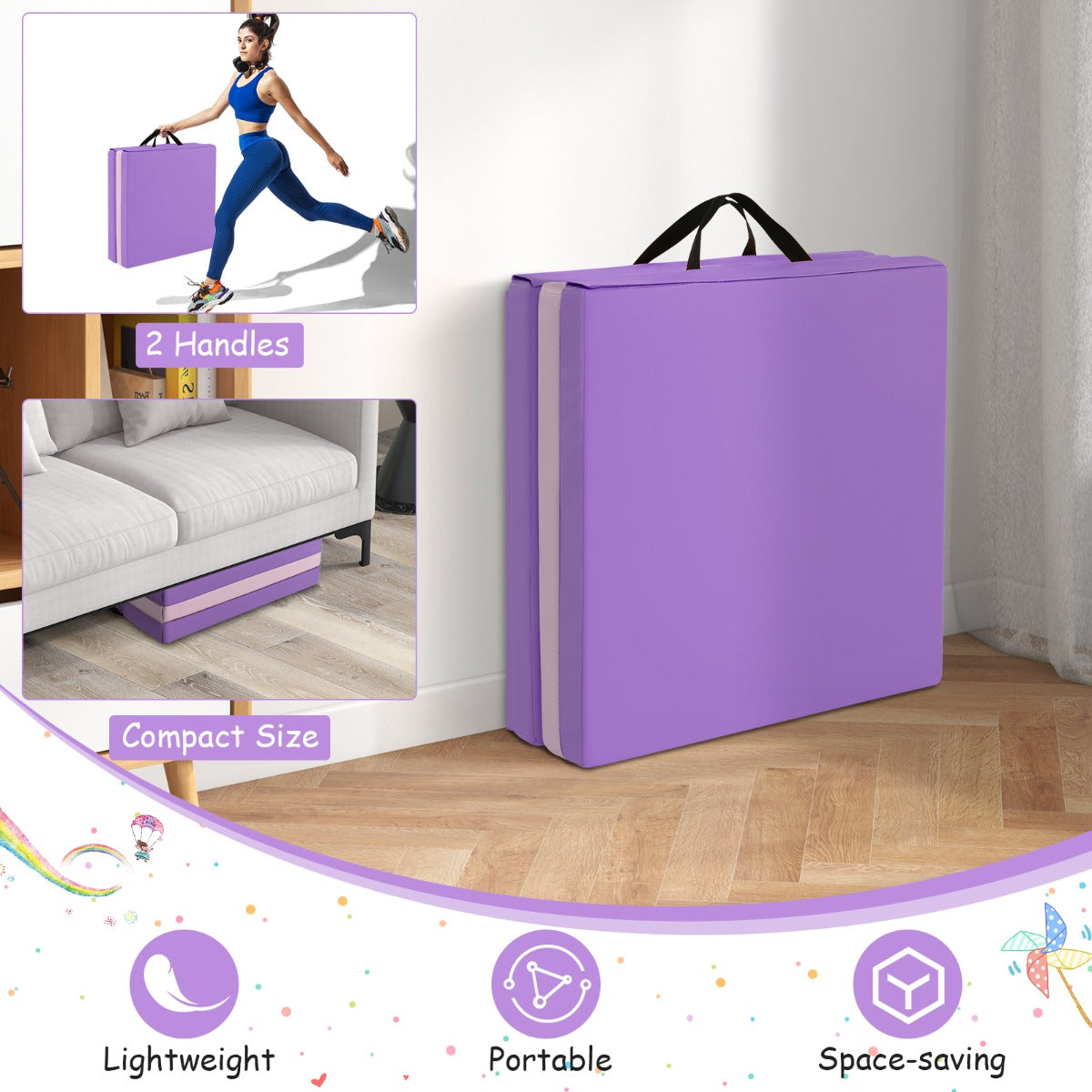 LIVSK Opvouwbare Oefenmat - Ergonomisch en Draagbaar - Ideaal voor Yoga en Pilates - Waterdicht - 180 x 60 x 5 cm - Paars + Roze