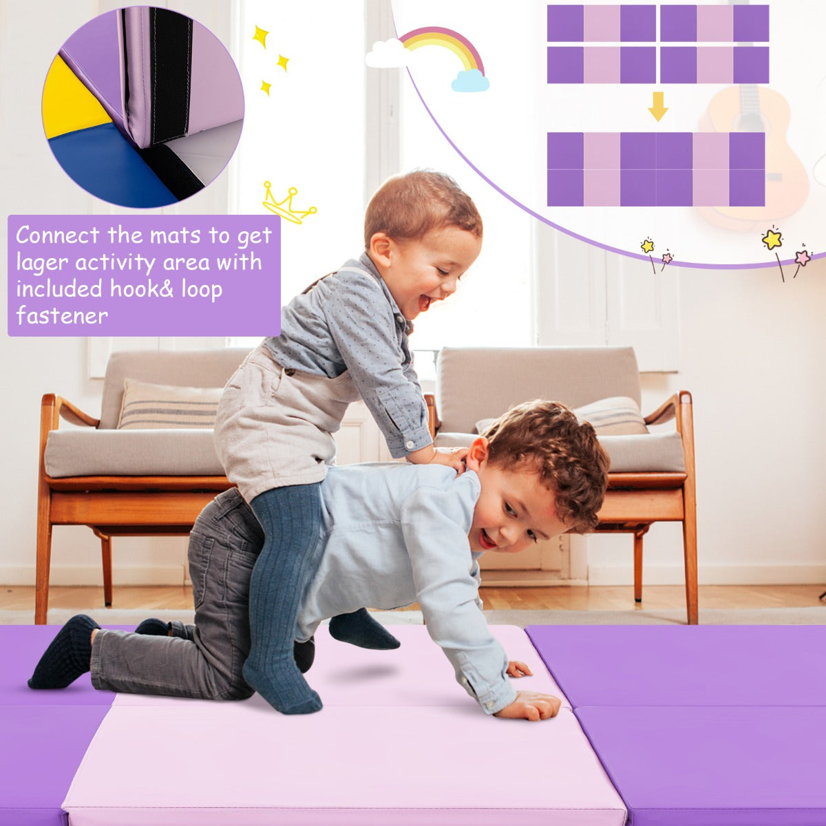 LIVSK Opvouwbare Oefenmat - Ergonomisch en Draagbaar - Ideaal voor Yoga en Pilates - Waterdicht - 180 x 60 x 5 cm - Paars + Roze