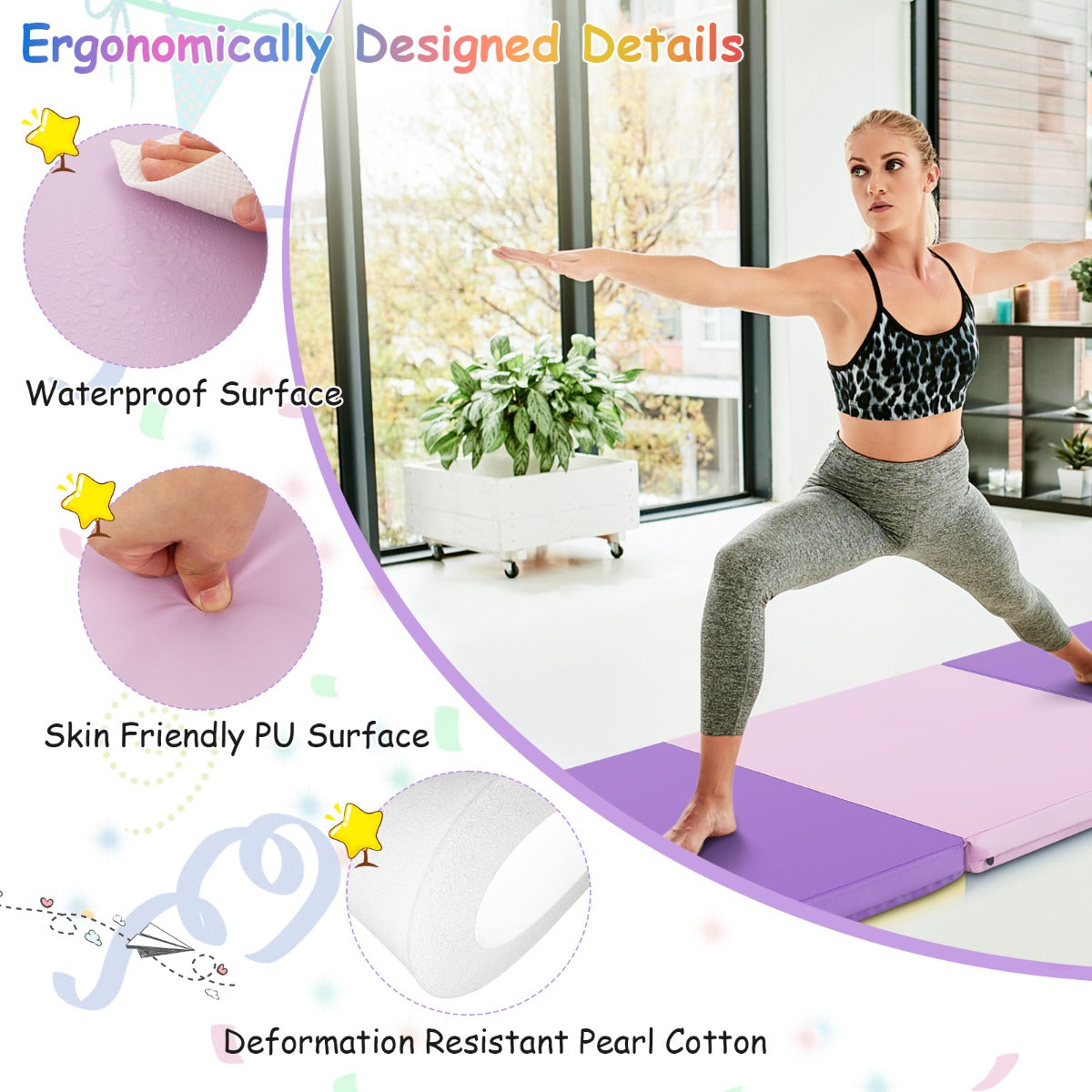 LIVSK Opvouwbare Oefenmat - Ergonomisch en Draagbaar - Ideaal voor Yoga en Pilates - Waterdicht - 180 x 60 x 5 cm - Paars + Roze