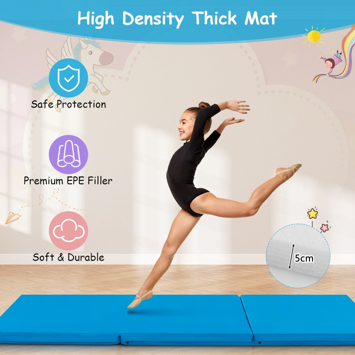 LIVSK Opvouwbare Oefenmat - Lichtgewicht - Ergonomisch - 2 Handgrepen - Ideaal voor Yoga en Pilates - 180 x 60 x 5 cm - Blauw