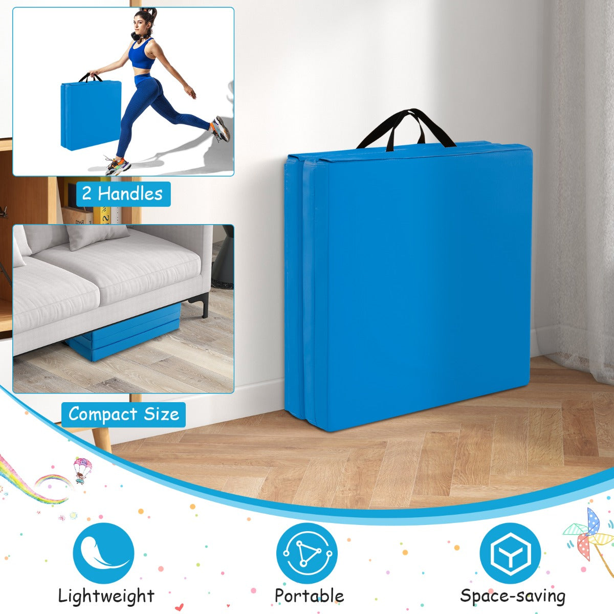 LIVSK Opvouwbare Oefenmat - Lichtgewicht - Ergonomisch - 2 Handgrepen - Ideaal voor Yoga en Pilates - 180 x 60 x 5 cm - Blauw