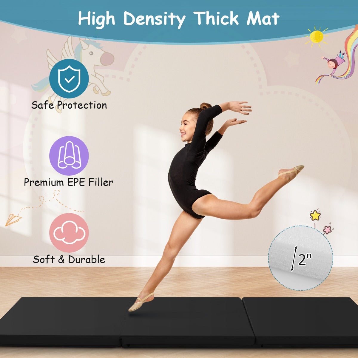 LIVSK Opvouwbare Oefenmat - Lichtgewicht - Ergonomisch - Klittenband - Voor Yoga en Pilates - 180 x 60 x 5 cm - Zwart