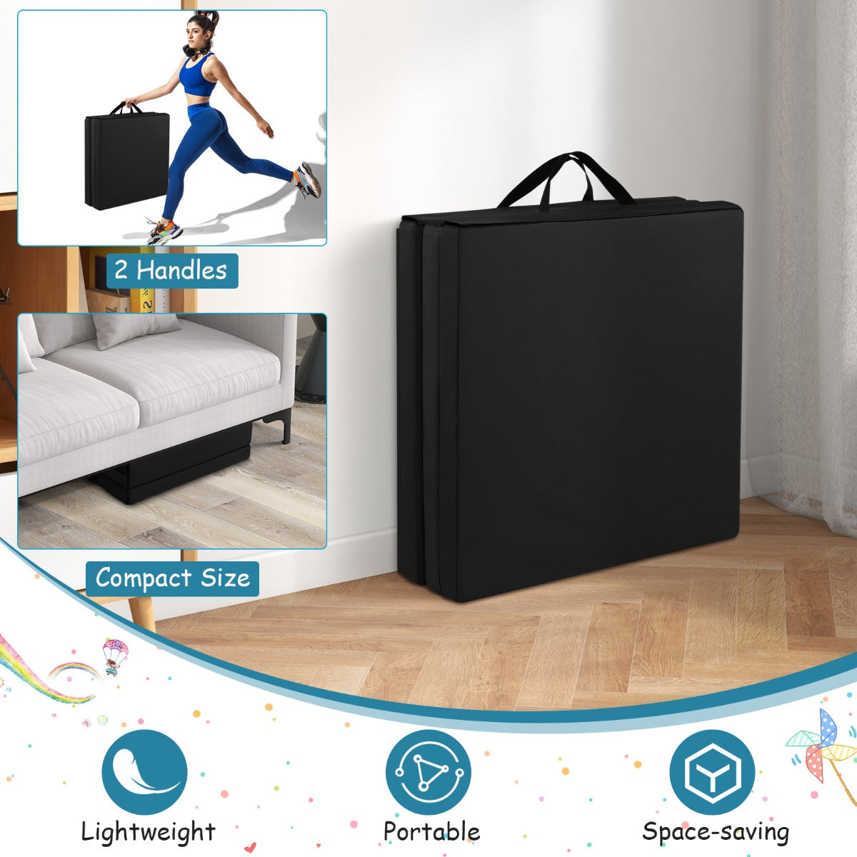 LIVSK Opvouwbare Oefenmat - Lichtgewicht - Ergonomisch - Klittenband - Voor Yoga en Pilates - 180 x 60 x 5 cm - Zwart