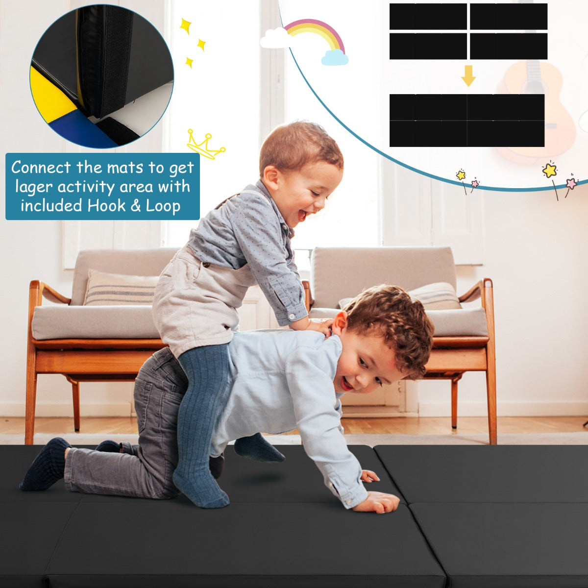 LIVSK Opvouwbare Oefenmat - Lichtgewicht - Ergonomisch - Klittenband - Voor Yoga en Pilates - 180 x 60 x 5 cm - Zwart