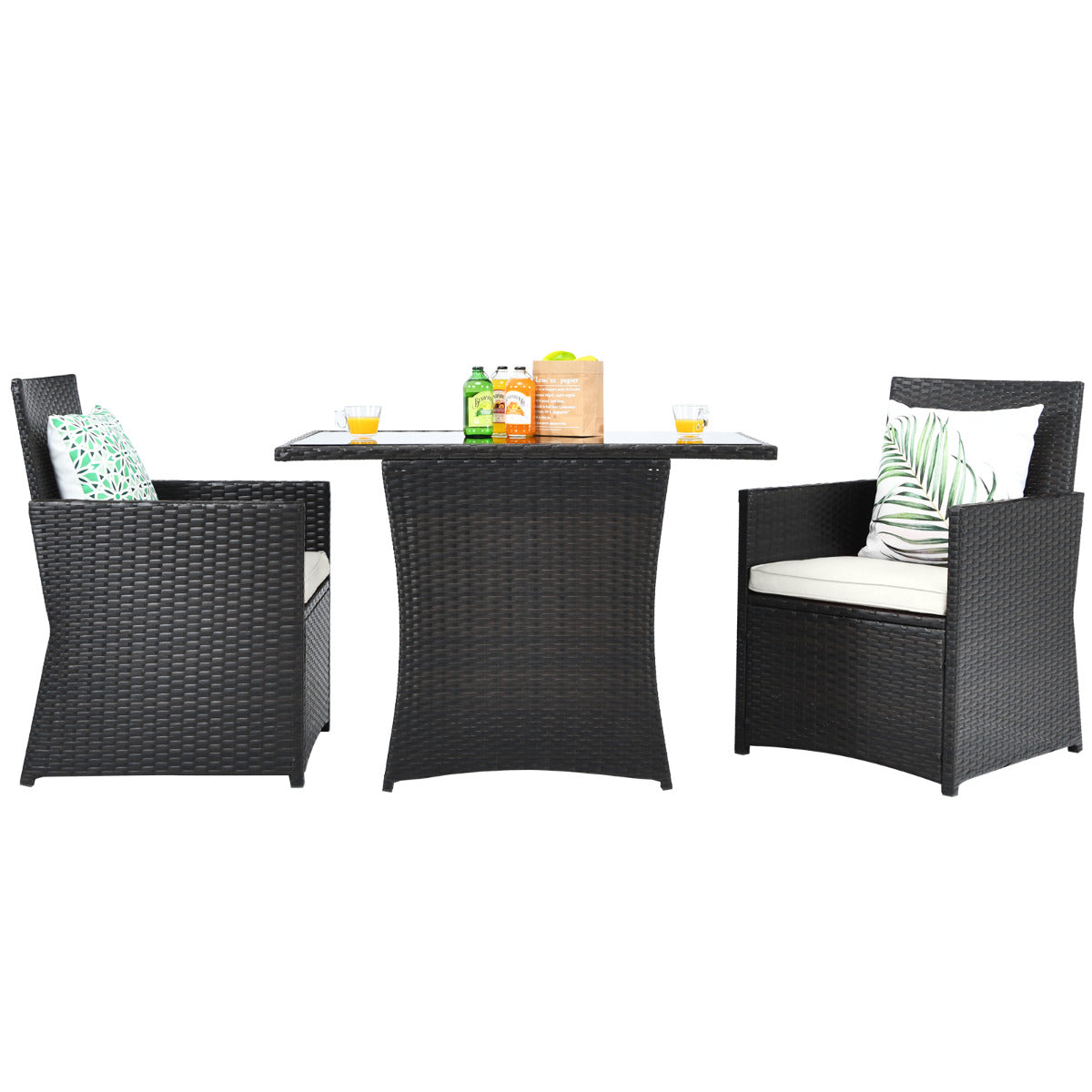 LIVSK Ruimtebesparende Bistroset met Gehard Glazen Tafelblad - Ergonomische Stoelen met Kussens - Weerbestendig - Gemengd Bruin