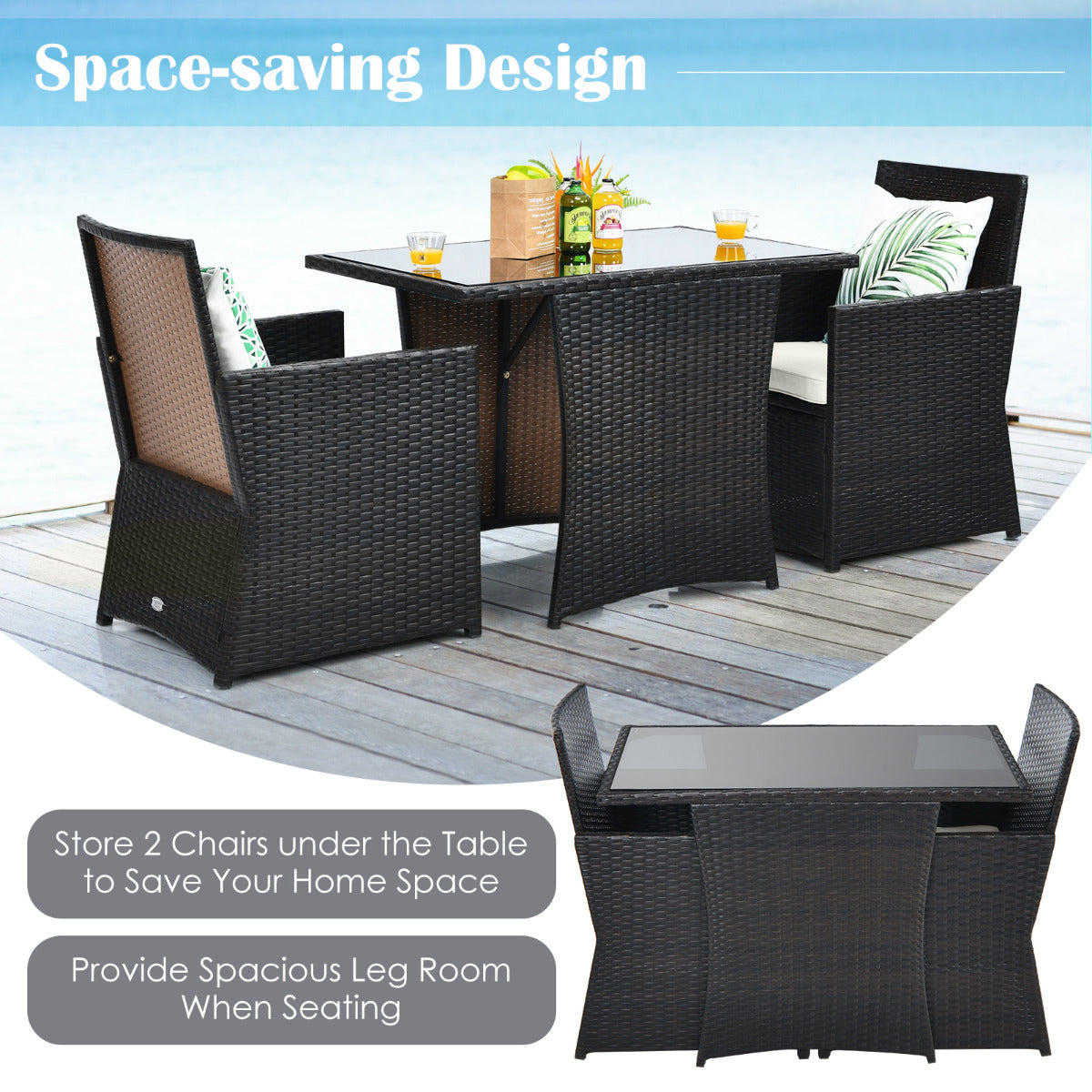 LIVSK Ruimtebesparende Bistroset met Gehard Glazen Tafelblad - Ergonomische Stoelen met Kussens - Weerbestendig - Gemengd Bruin